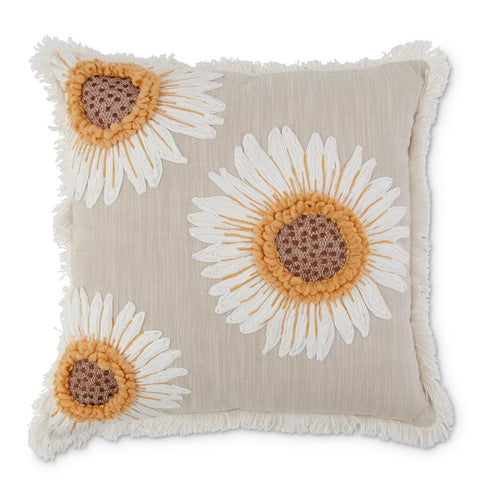 Square Tan Linen Pillow With Embroidered Sunflowers