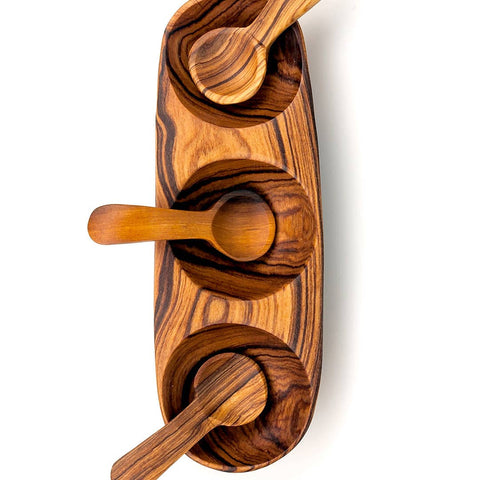 Triple Olive Wood Spice Bowl w/ Spoons