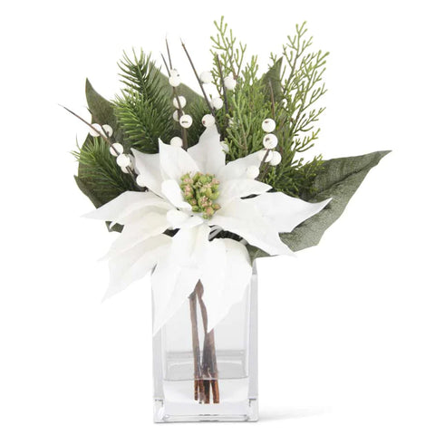 Poinsettia & Pine Premade in Glass Vase