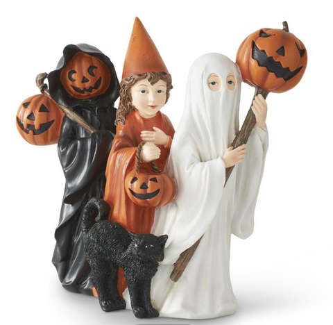 10.5" Resin Trick or Treat Children w/ Black Cat