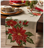 Poinsettia Holly Embroidered Table Runner