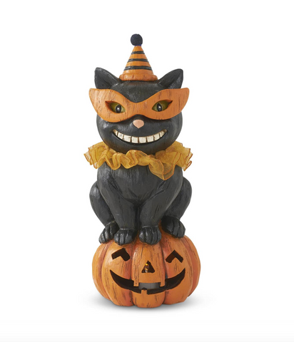 8.25" Black Cat w/Party Hat on LED Pumpkin