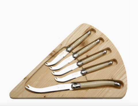 Jean Dubost Cheese Set with 5 Ivory Cheese Knives & Board