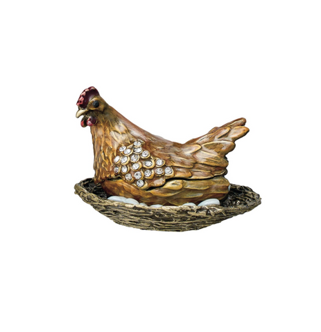 Enameled Metal Hen On Nest Shaped Trinket Box w/ Jewels