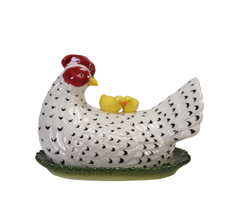 Hand-Painted Vintage Reproduction Hen Shaped Butter Dish with Chicks