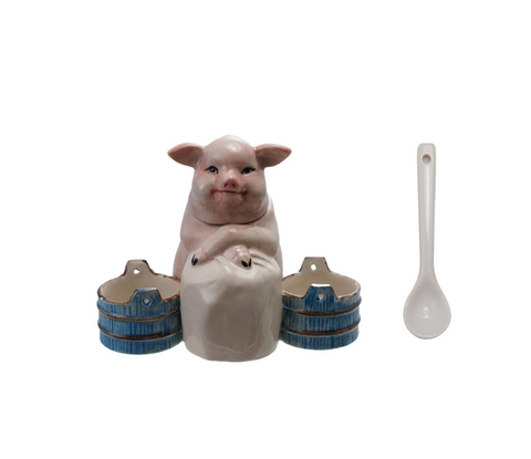 Stoneware Vintage Reproduction Mustard Pot with Spoon