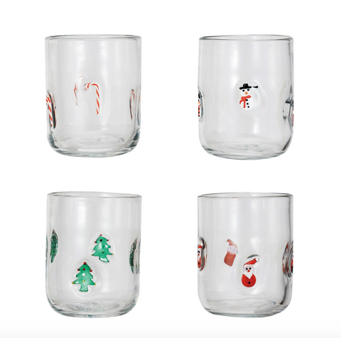Drinking Glass w/ Embedded Holiday Icon Pattern (4 Variants)