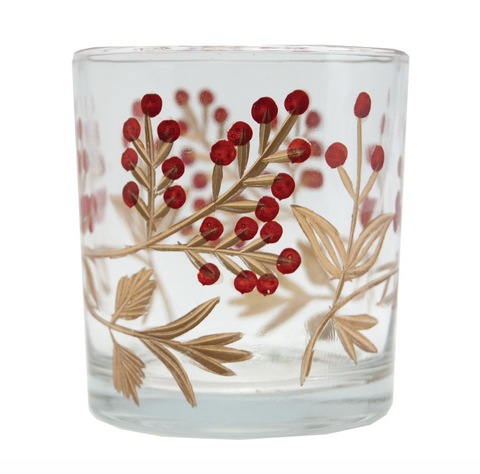 Hand-Painted Etched Glass Tealight/Votive Holder with Berry Design