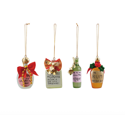 Resin Bottle Ornament with Holiday Cocktail Saying, 4 Styles