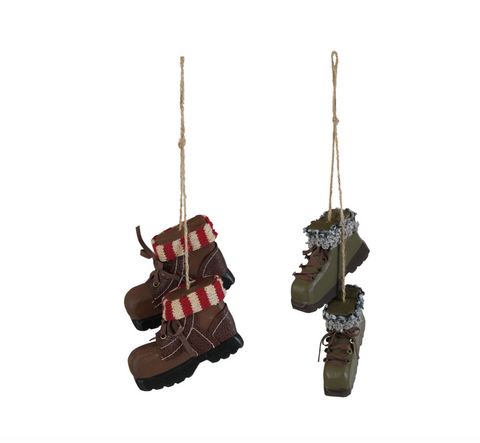 Wood & Knit Fabric Pair of Hiking Boots Ornament, 2 Styles
