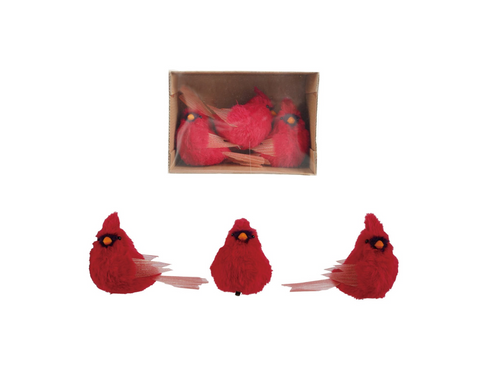 Faux Fur & Fabric Cardinal Clip-on Ornaments Set of 3