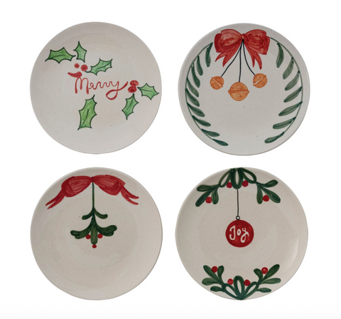 Hand-Painted Stoneware Plate with Holiday Botanicals/Word, 4 Styles (Each One Will Vary)
