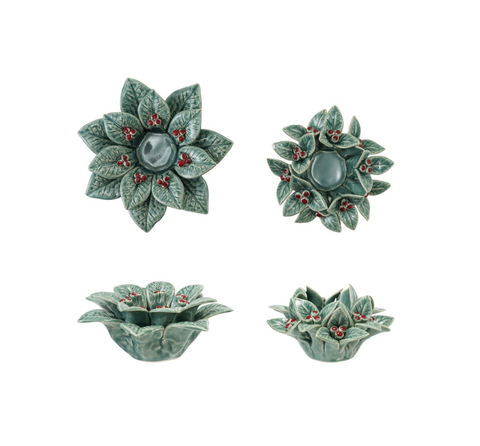 Ceramic Holly Leaves & Berries Shaped Tealight Holder (2 Styles)