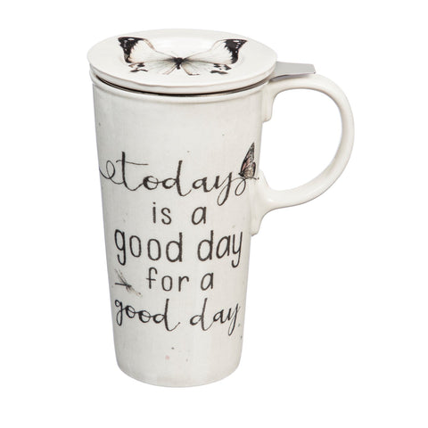 Evergreen Cypress Home Double Wall Ceramic Companion Cup with Tritan Lid, 13 OZ, Botanical Dreamer
