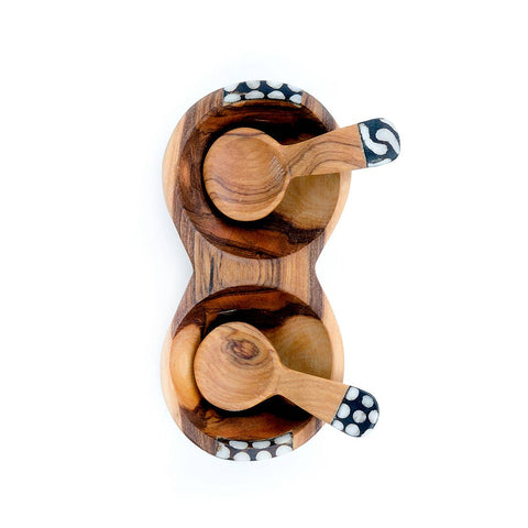 Double Olive Wood Spice Bowl w/ Spoons